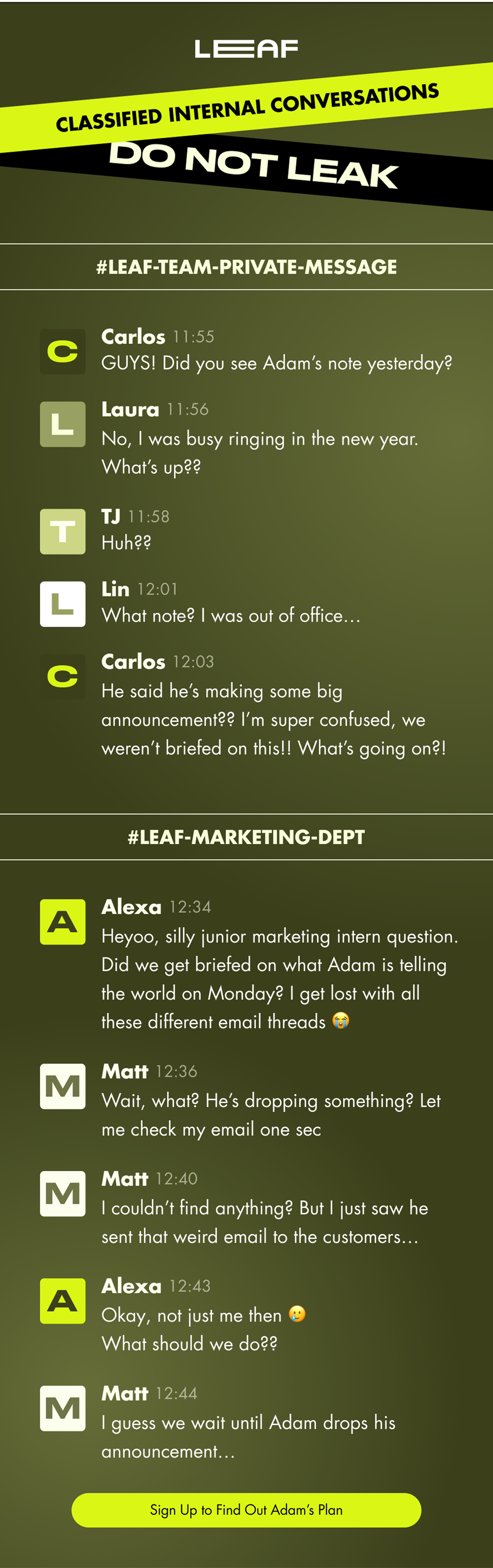 Leaf Two leak email — classified internal Slack conversations